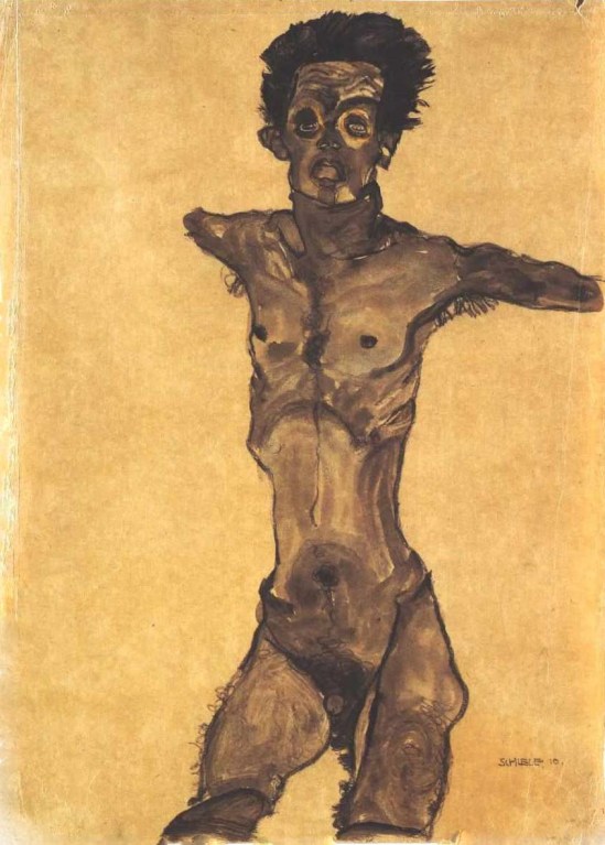 Egon Schiele- Selbstakt in Grau mit offenem Mund (Autoportrait nu en gris avec la bouche ouverte), 1910