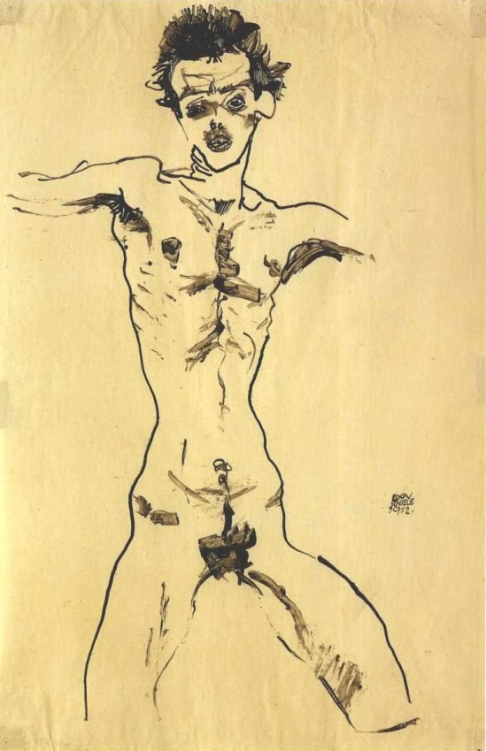 Egon Schiele- Selbstakt, Studie zur Sema Mappe (Autoportrait, Etude pour le groupe Sema), 1912