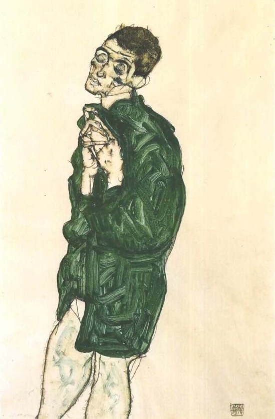Egon Schiele- Selbstdarstellung mit geschlossenen Augen (auto-représentation aux yeux fermés), 1914