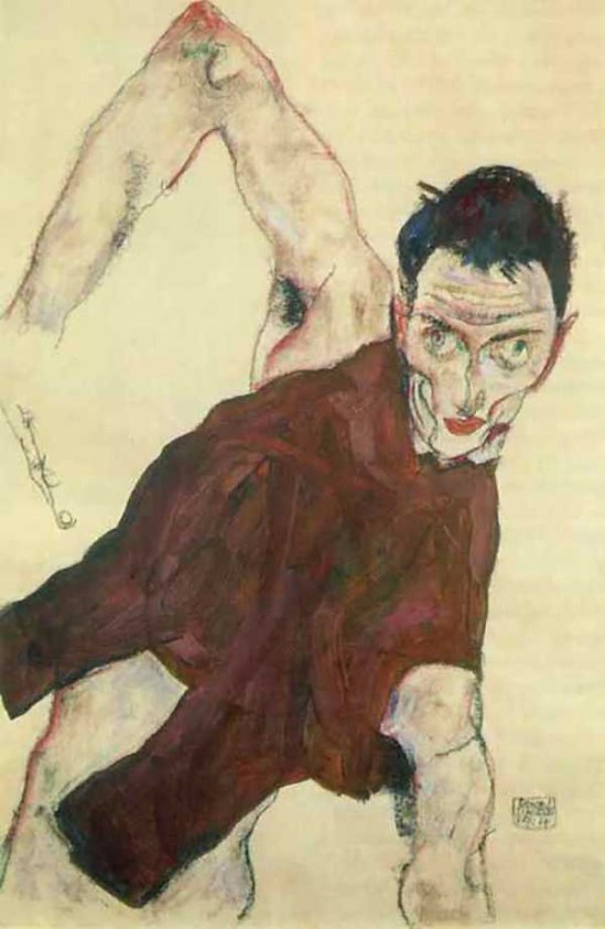 Egon Schiele- Selbstporträt in einem Wams mit rechten Ellbog (Self-portrait in a jerkin with right elbow raised), 1914. {goache,pencil,chalk}
