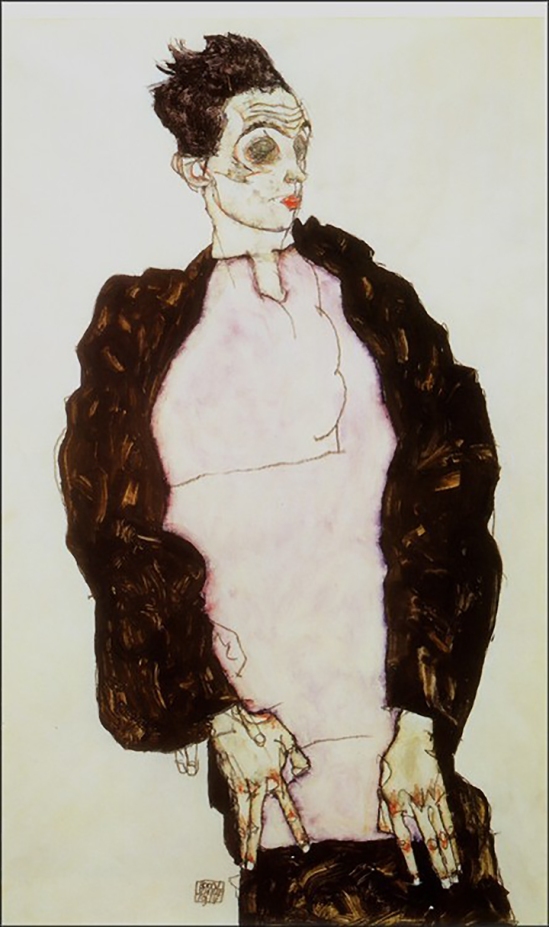 Egon Schiele- Selbstporträt in Lavendel Hemd und dunklen Anzug, stehend (self-portrait in lavander shirt and dark suit, standing)  ,1914