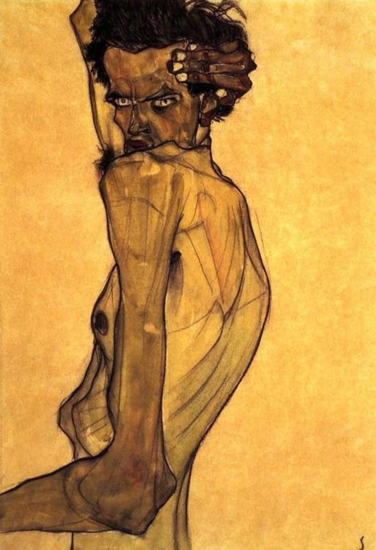 Egon Schiele- Selbstporträt mit Arm Verdrehung oben Kopf (Autoportrait avec le bras tordu au dessus de la tête), 1910