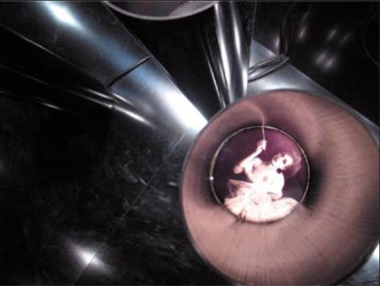 the polaroid of carlo mollino is presented inside the metal tube for the expossition Mollino fragments, Triennale de Milan, 2005