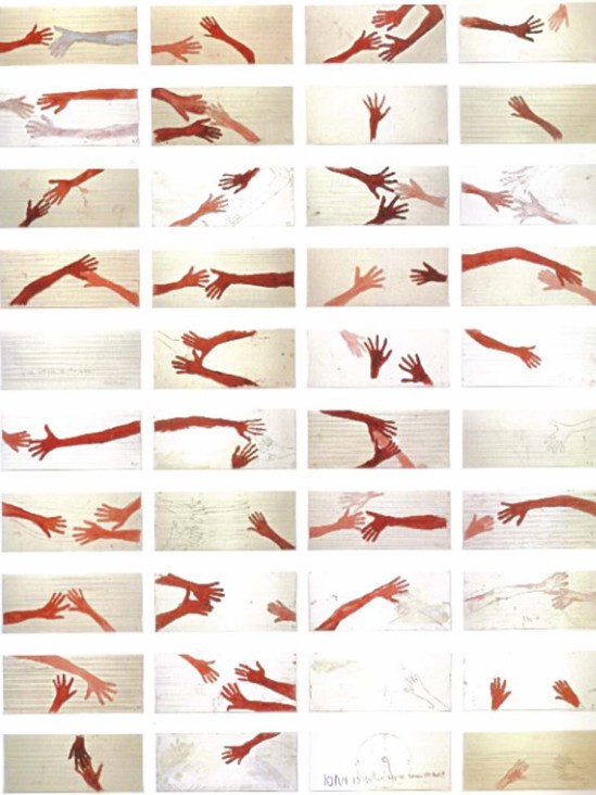 Louise Bourgeois- 10 am Is When You Come To Me, 2007 — mixed media on 40 music paper sheets. These are the hands of Louise and Jerry Gorovoy.