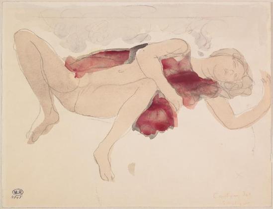 Auguste Rodin de graphite (1840-1917) -Bacchus Cantitiques hymnes femme jambes à moitié nu lecartées;  aquarelle, 1880-1910