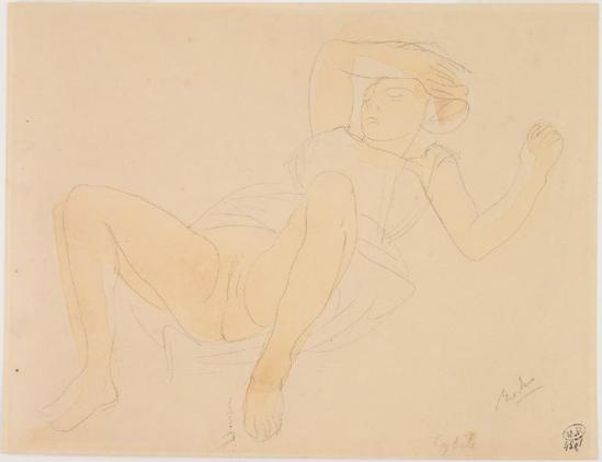 Auguste Rodin (1840-1917) -Cybelle, Femmenue à cartées jambes de la main sur le crayon à sourcils;  aquarelle;  1880-1910
