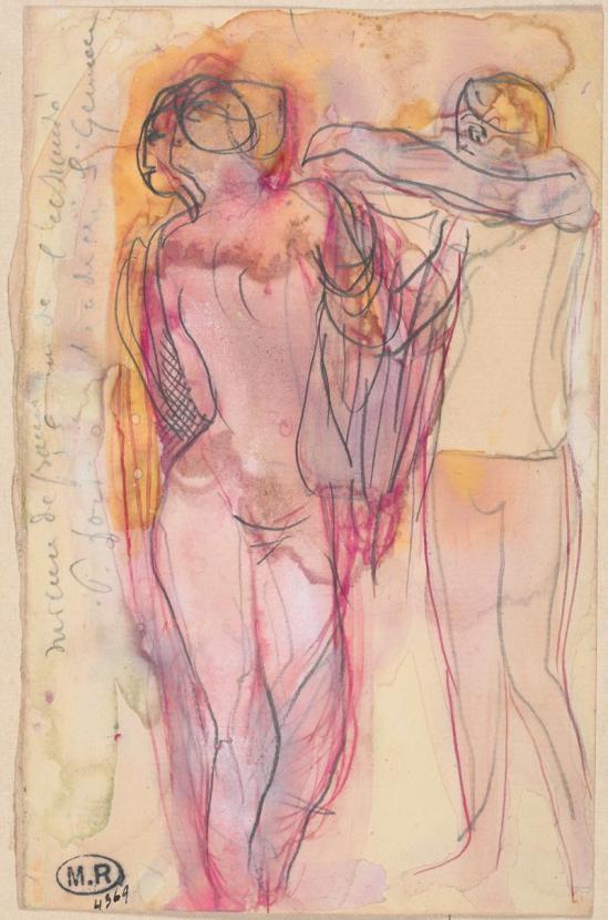 Auguste Rodin (1840 -1917).  Deux femmes qui aident les uns les autres de faire un vêtement 1890 Crayon, encre, aquarelle et gouache sur papier