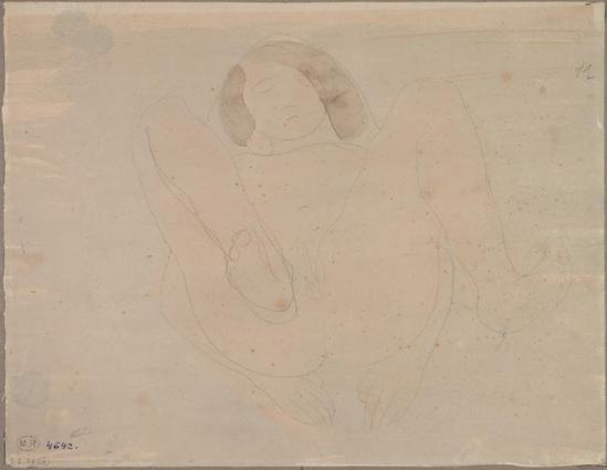 Auguste Rodin (1840-1917) - Femme nue sur ses pattes arrière haute de graphite;  aquarelle, 1880-1910