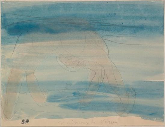 Auguste Rodin (1840-1917) est venu à -Naissance Femme nue, bras et jambes écartés graphite;  aquarelle sur papier filigrane1880-1910