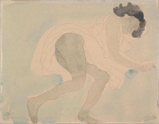Auguste Rodin (1840-1917) - couché dos nu accroupi bras tendu, le graphite;  aquarelle;  grisé