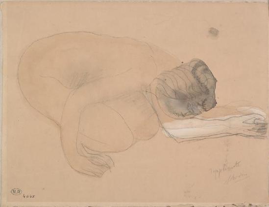 Auguste Rodin (1840-1917) - accroupi nu plaidant bras tendu, le graphite;  aquarelle;  grisé