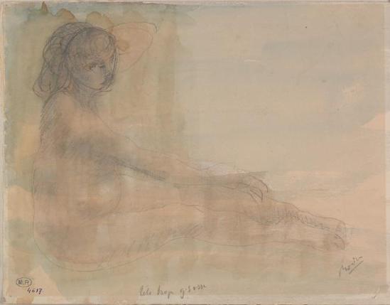 Auguste Rodin (1840-1917) assis profil de FEMMEN nu, graphite estompée;  aquarelle