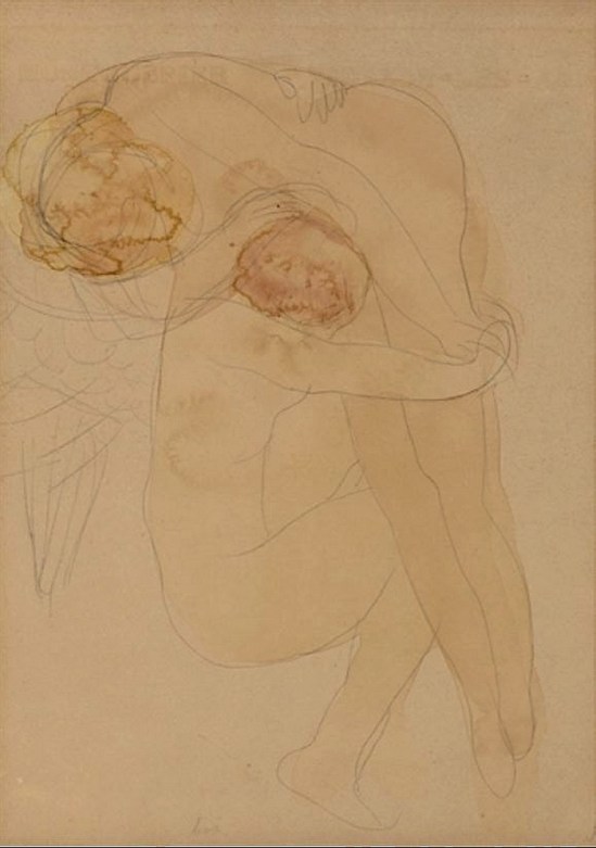 Auguste Rodin ailes femme accroupie, tenant une autre femme sur son épaule signé, inscrit «L.  Mulhem.  [Sic] A Rodin '(en haut à droite) 1900