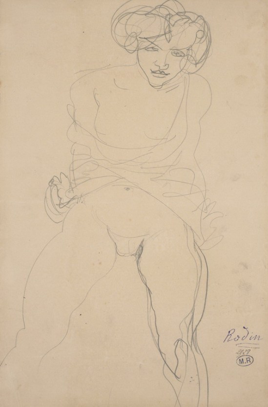 Auguste Rodin Femme assise visage, des vêtements grandi sur les jambes écartées, appelé crayon Psyché