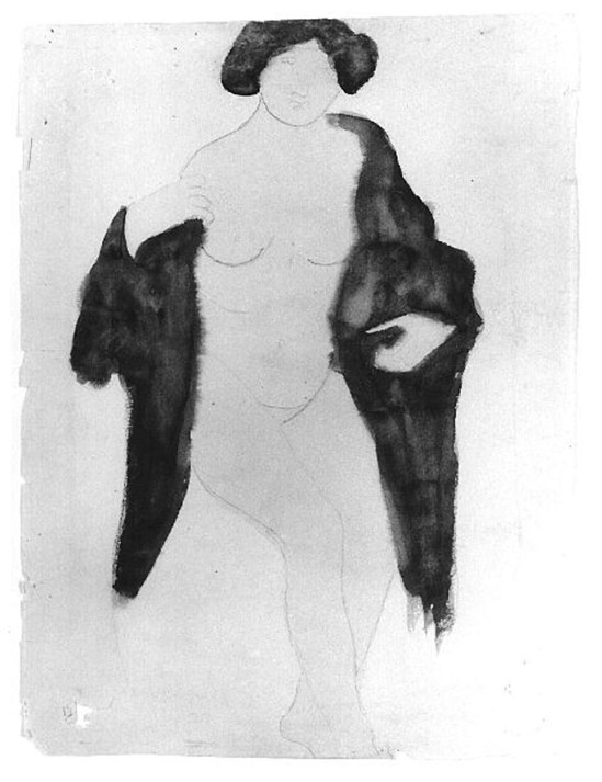 Auguste Rodin -Femme à la fourrure, avant 1910 aquarelle encre de stylo fil noir