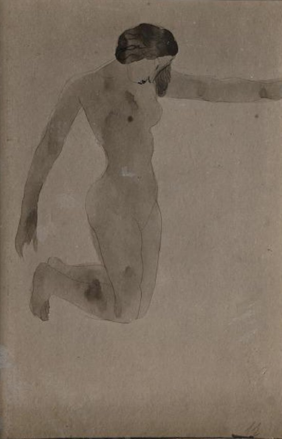 Auguste Rodin -Femme de genoux nus vers la droite, avant 1910 stylo aquarelle encre noire (crayon graphite annotation Poèmes de H (...) Poétique 1910