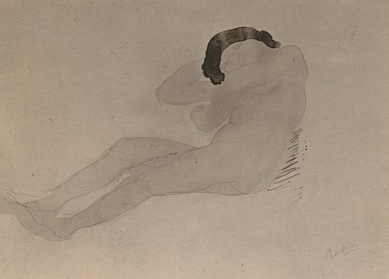 Auguste Rodin -Femme allongée nue sur la gauche, avant 1910 encre noire stylo aquarelle