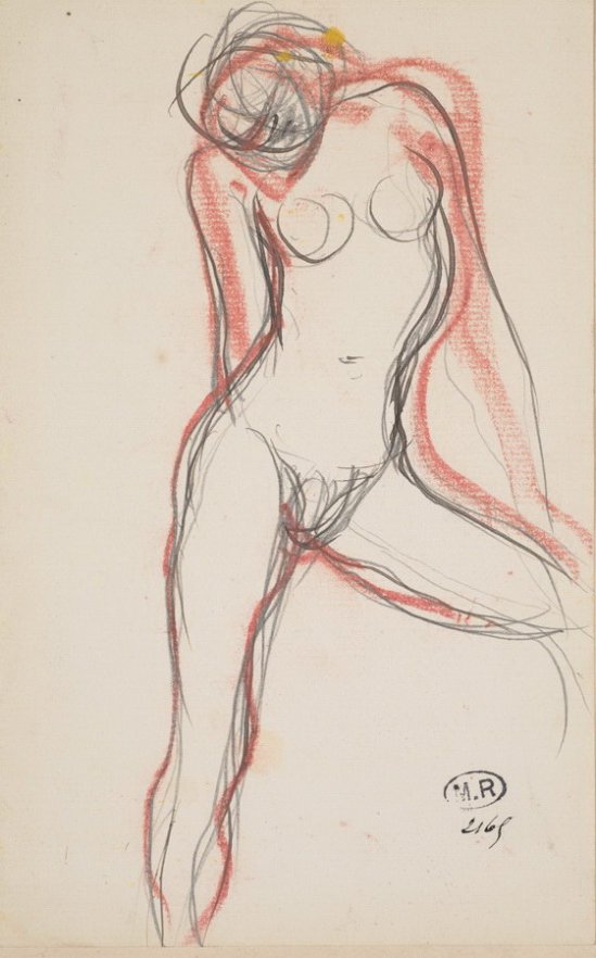 Auguste Rodin Femme nue dans la jambe gauche côté, crayon de couleur et mine de plomb,