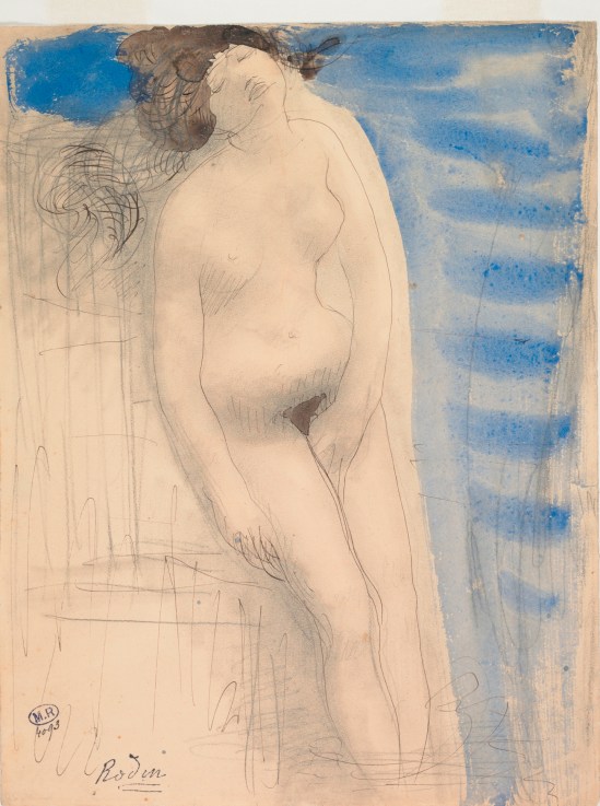 Auguste Rodin, Femme nue, une main entre les cuisses appelés Naissance de Vénus, crayon graphite, aquarelle, encre brune se fane, plume, 1900