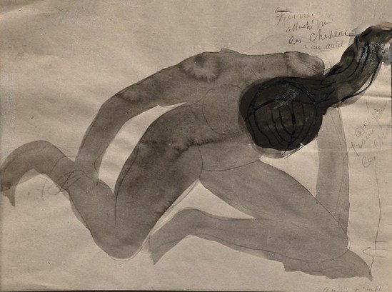 Auguste Rodin -Psyché, femme attachée par les cheveux pour un autel avant 1910 aquarelle, stylo à encre noire