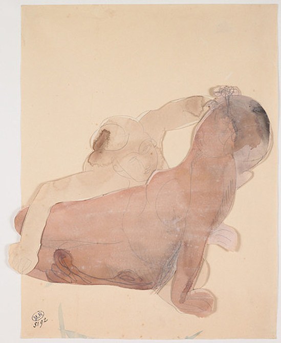 © Auguste Rodin (1840-1917) - Deux femmes demi-nue couchée vers 1900 crayon et aquarelle sur papier découpé et assemblé