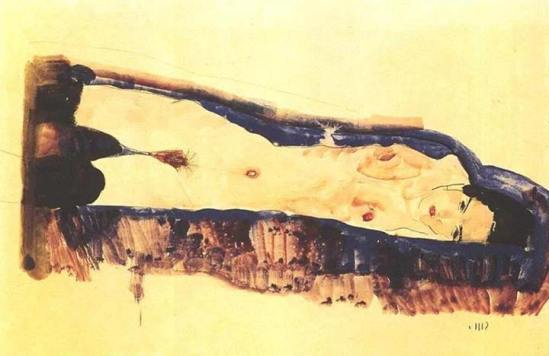 Egon Schiele- Liegender Frauenakt mit schwarzen Strümpfen (Reclining female nude with black stockings ) 1911