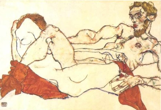 Egon Schiele- Lying female and male nudes, 1913