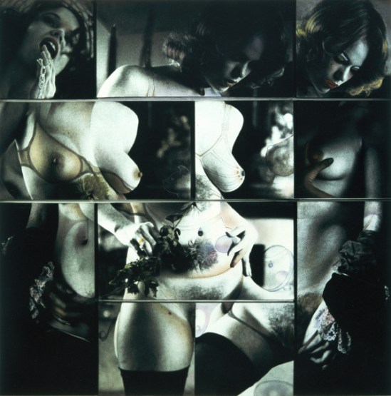 Robert Heinecken, Cliché Vary, Autoeroticism, 1974, photographic emulsion on canvas and pastel chalk