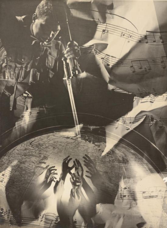 Laurence Le Guay- No title (War montage with globe), 1939 gelatin silver photograph