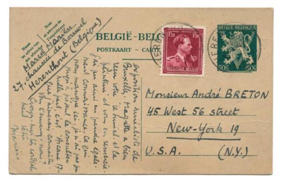 CARTE POSTALE AUTOGRAPHE SIGNÉE ÀANDRÉ BRETON. Bruxelles, 15 février 1946