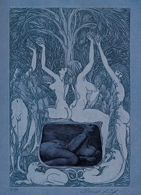 Ernst Fuchs -in the sheets of the night, etching,  1966